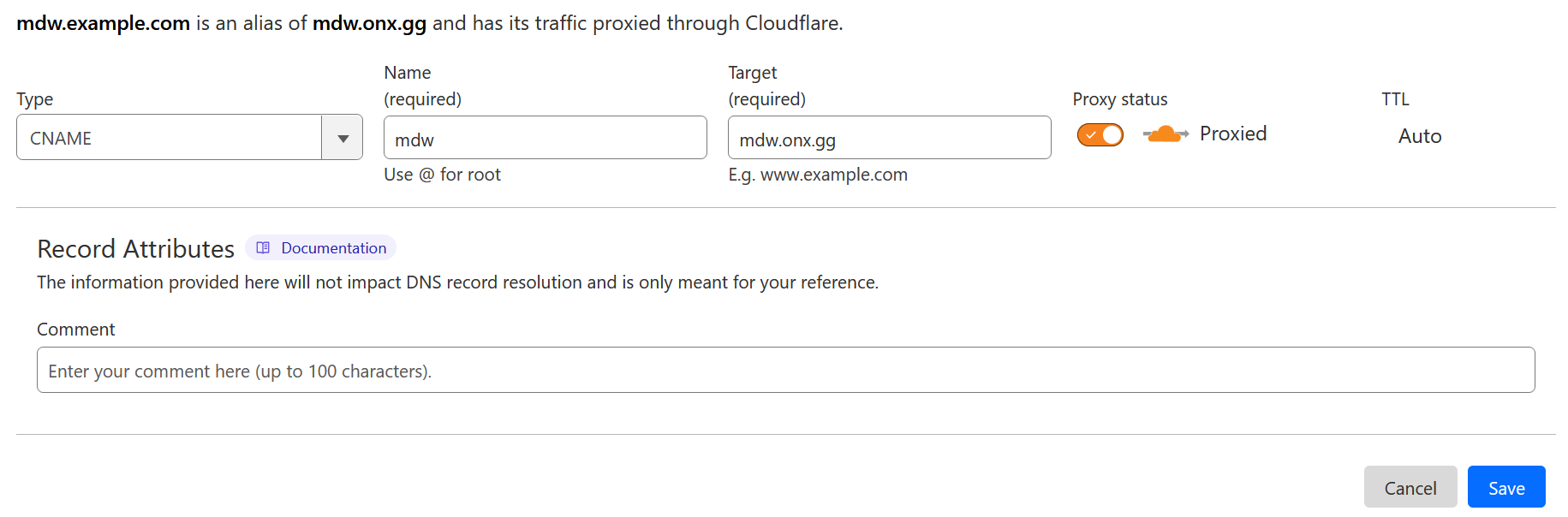 cloudflare example of dns record